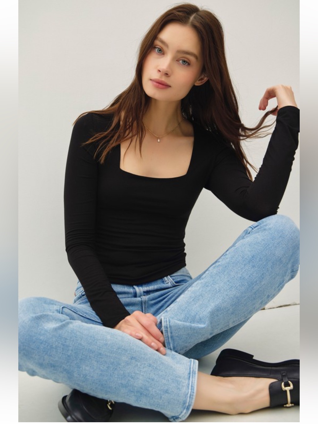 1437 Black Double Layer Bodice Long Sleeve Square Neck Bodysuit